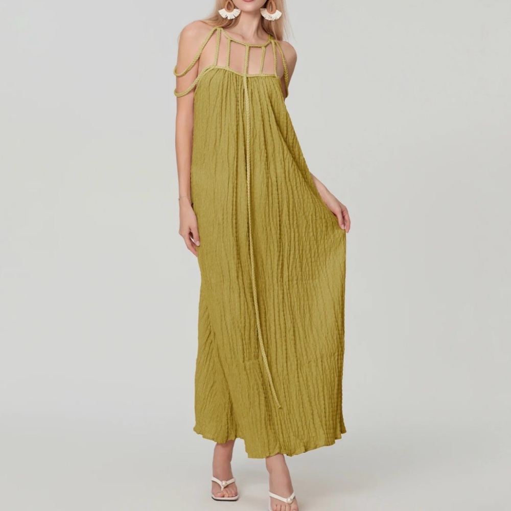 Olive Green Boho Maxi Dress with Ladder Strap Detail